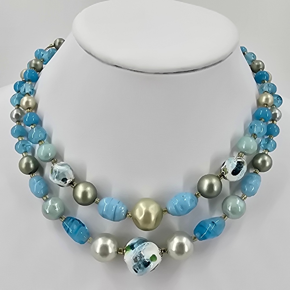 Vintage Japan Blue Glass Faux Pearl Double Strand Necklace Givre Swirl